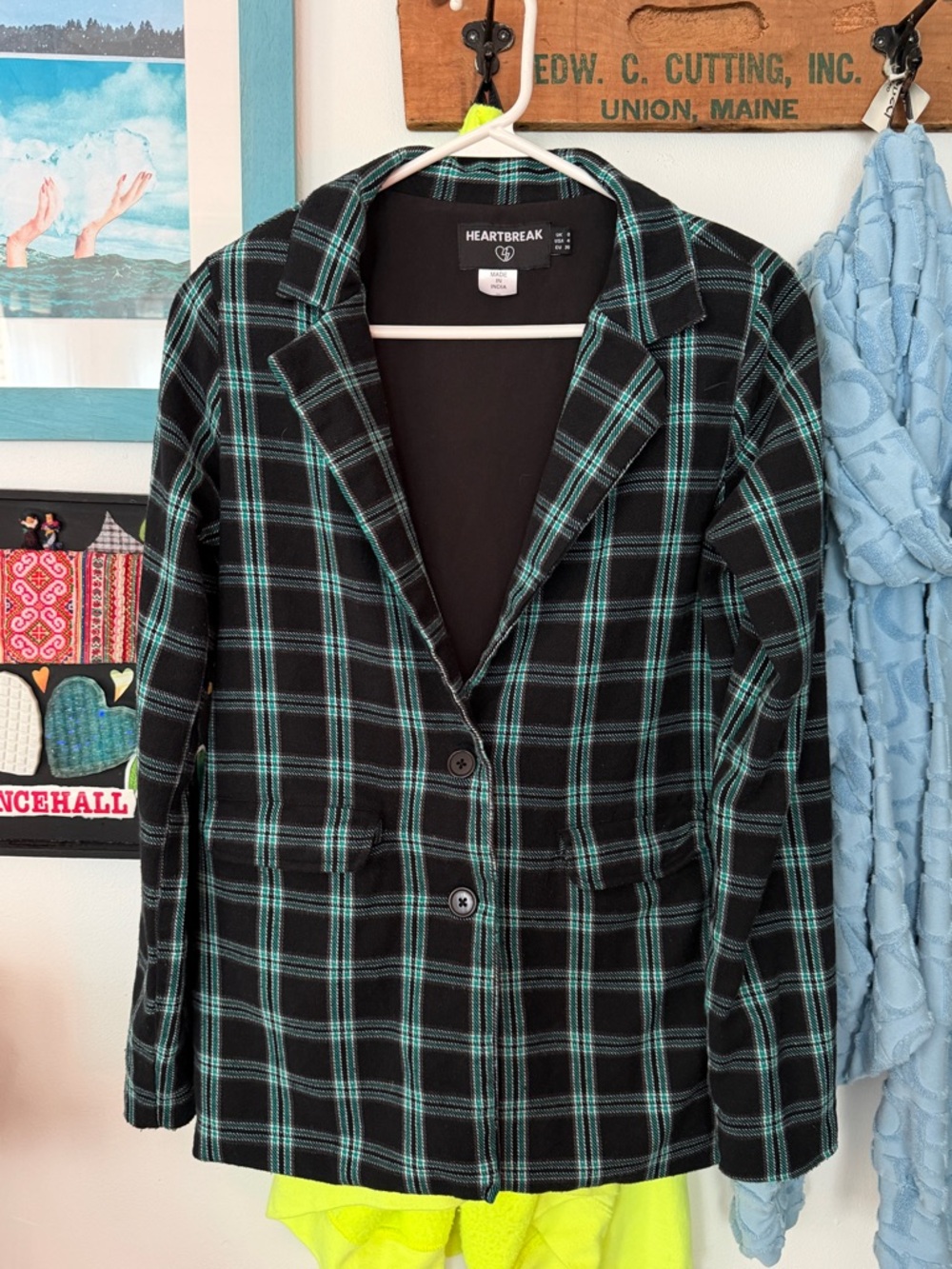 HeartBreak Plaid Blazer Dress Jacket Black Teal Retro Cotton Blend Size 4